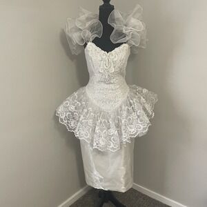 VTG 80s LOLARIE Lace Sequins Midi Wedding/Prom Dress Princess Fairy Coquette M